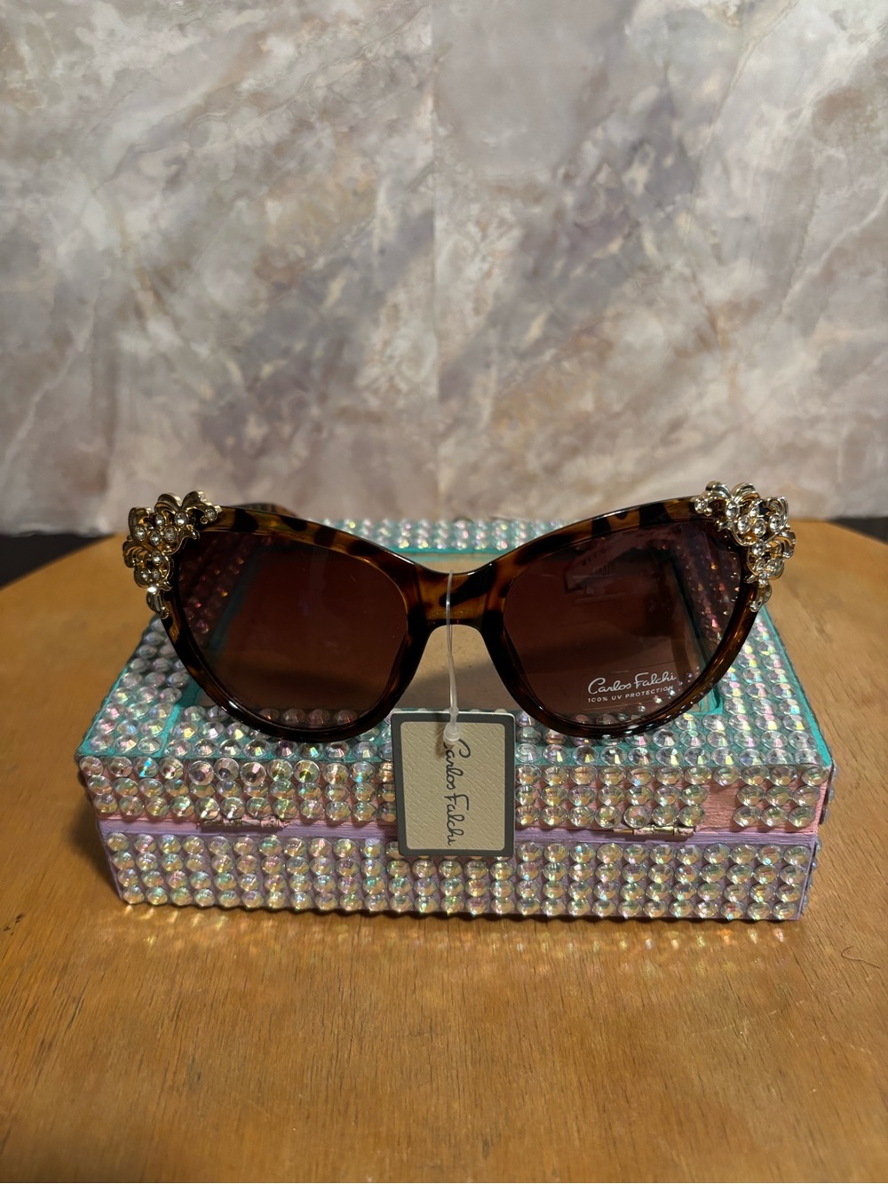 NWT Carlos Falchi Tortoiseshell Cat-Eye Sunglasses with Crystal Accents - Brown